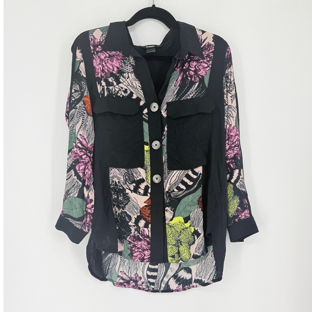 Desigual Womens Tropical Floral Abstract XL Button Down Shirt Wear Art Maximalis